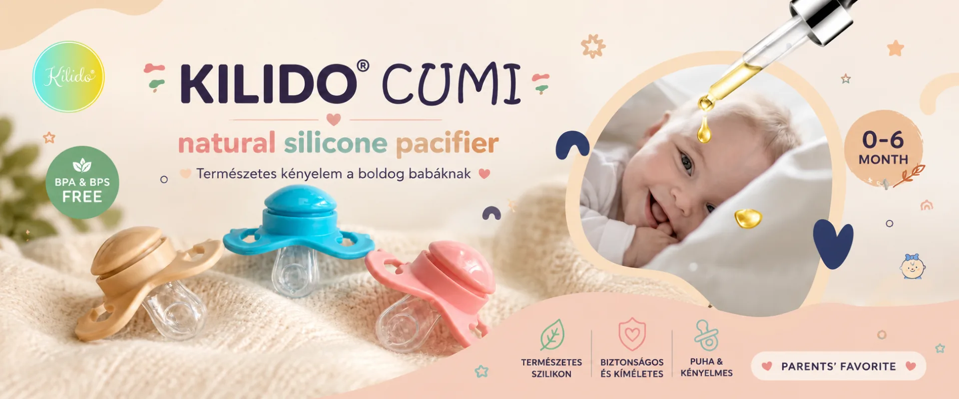 Kilido® Cumi — természetes szilikon cumi három színben, cseppentővel és mosolygó babával